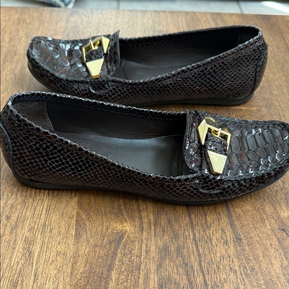 Stuart Weitzman Brown Snake-Embossed Loafers with Gold Buckle - Picture 9 of 10